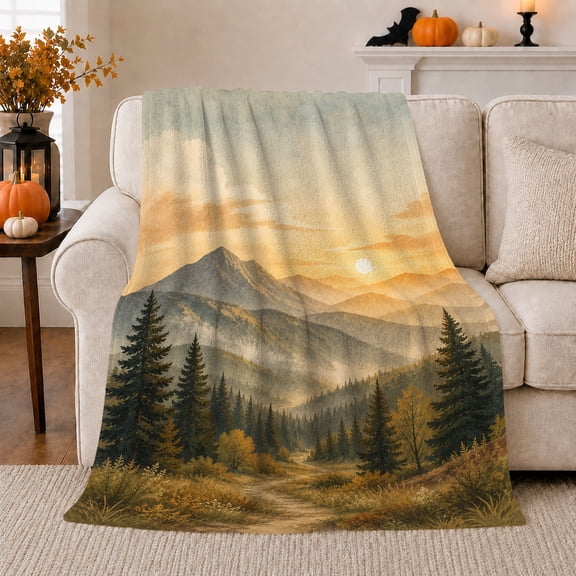 Misty Mountain Valley Path Through Evergreen Meadow Autumn, Peaceful Mountain Lake Scene, Warm Flannel Blanket for Cabin and Lodge, Outdoor Lovers Thanksgiving Gift, Artistic Home Decor
