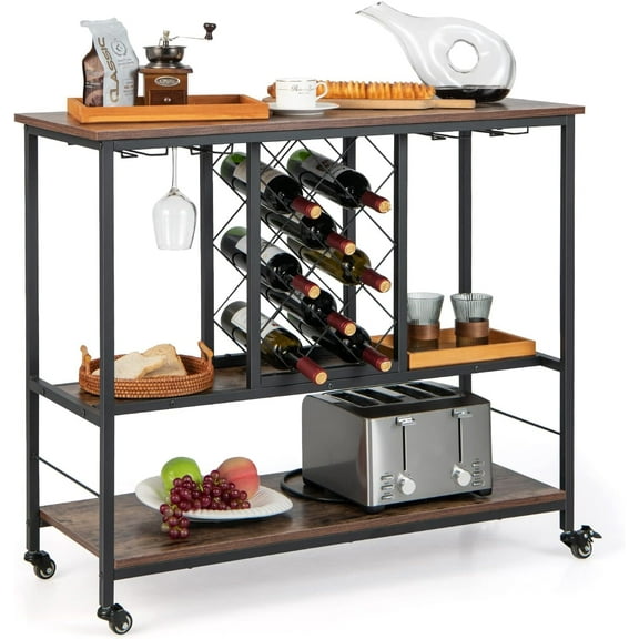 XPOPR 3-Tier Rolling Bar Cart, Industrial Storage Cart with Wine Rack & Glass Holders, Rustic Brown for Home Bar Kitchen Dining Living Room