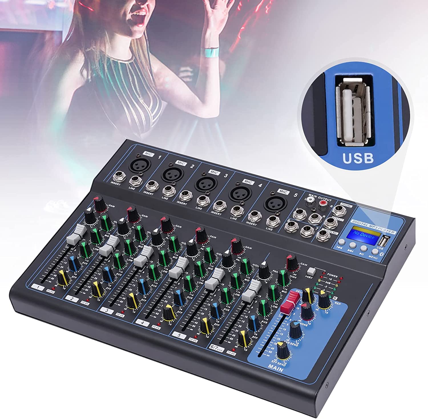Miumaeov Portability 7-channel Mixer with Monitor Function LCD Display Multi-interface
