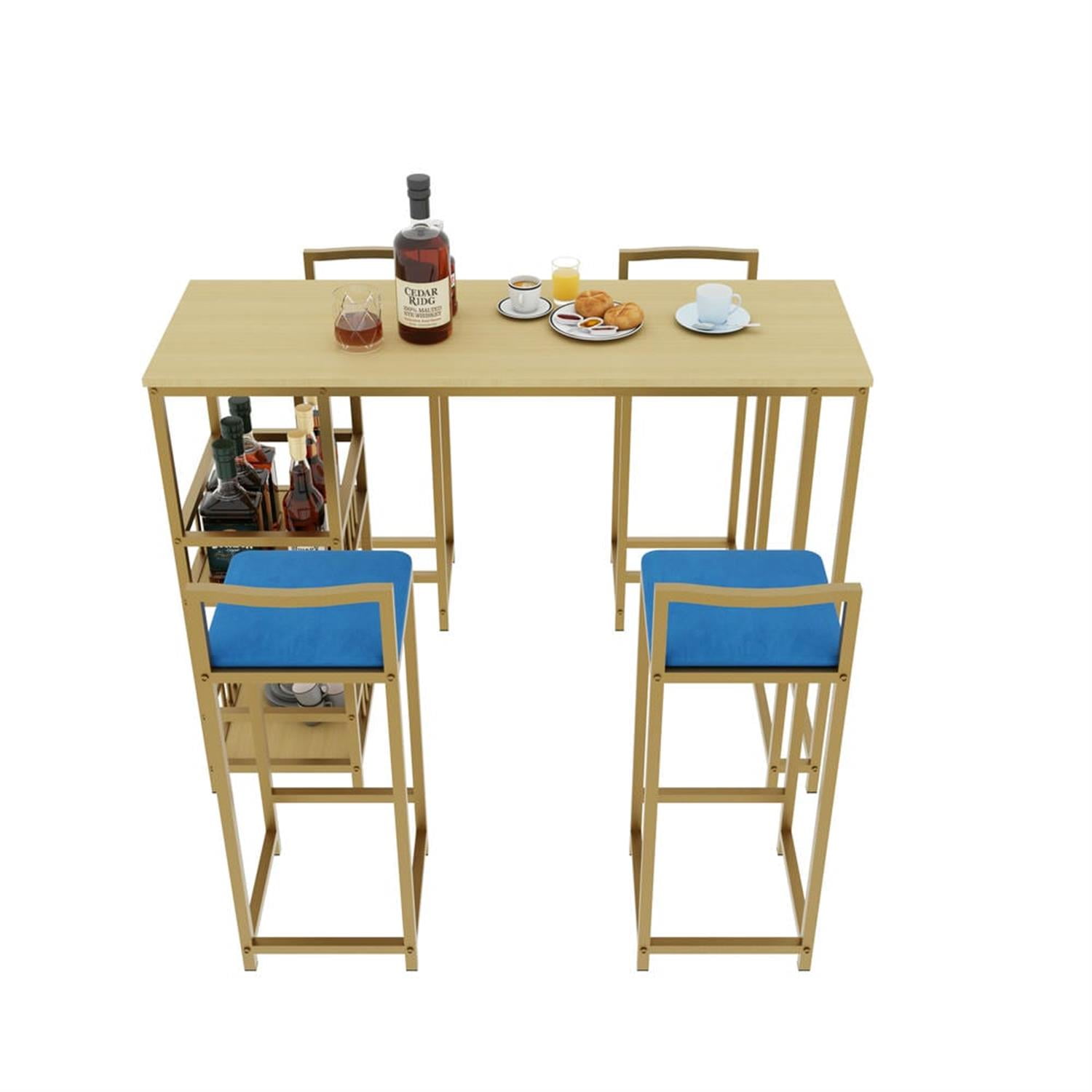 Demi Bonn 5-Piece Dining Table Set with 4 Upholstered Bar Stools and Storage, Kitchen Bar Table Furniture Sets for Dining Room, Apartment, Blue