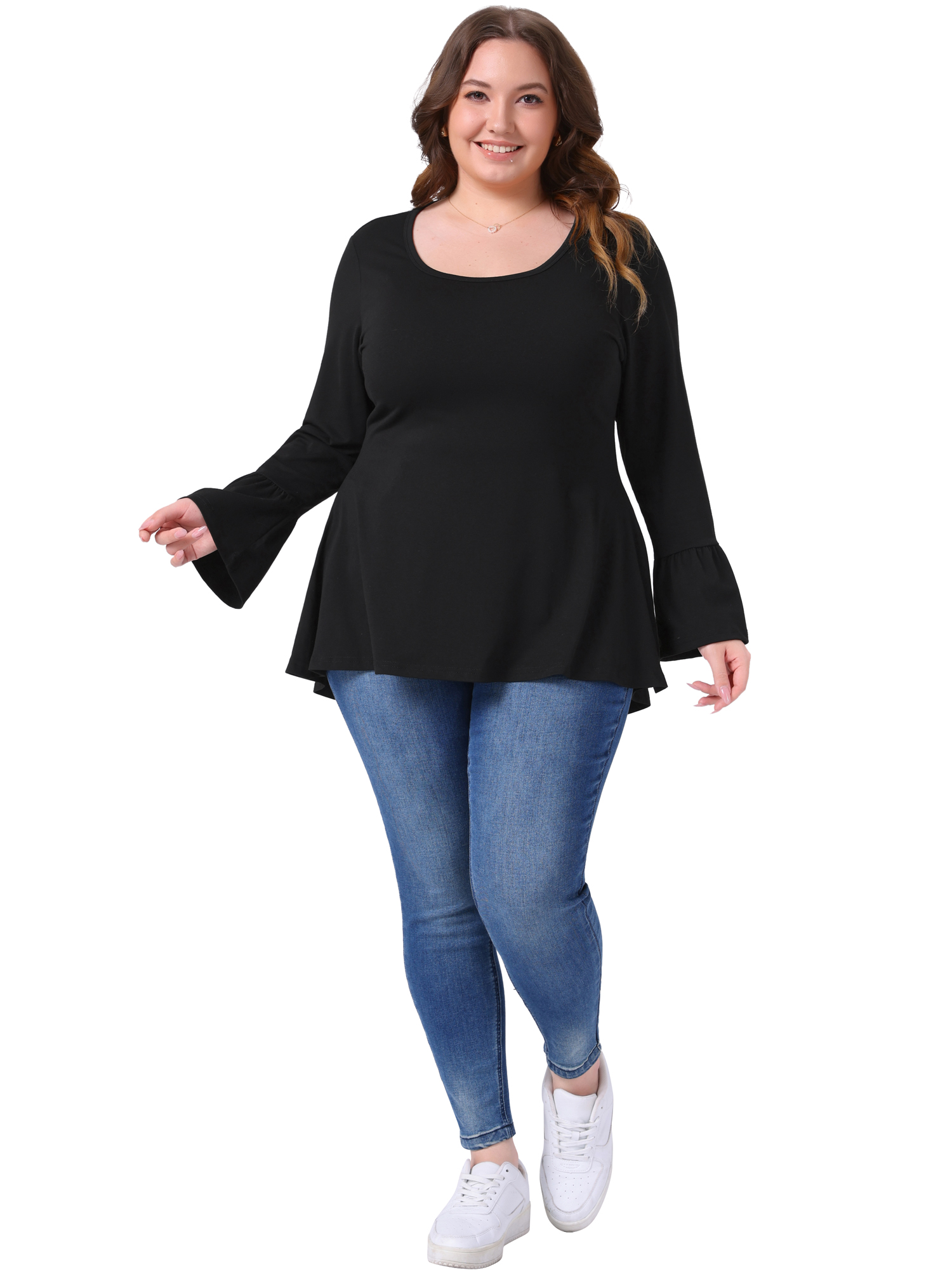 DARING DIVA Women's Plus Tops Crew Neck Bell High Low Hem Blouses 4X Black
