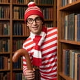 thumbnail image 5 of Alaiyaky Red and White Striped Costume Suit, Halloween Costumes Striped Shirt with Hat Glasses, Men Women Halloween Costumes World Book Day Outfit, 5 of 7