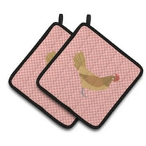Caroline's Treasures Frisian Friesian Chicken Pink Check Pair of Pot Holders