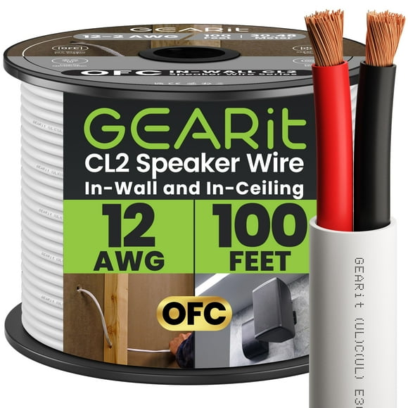 GearIT 12/2 Speaker Wire (100 Feet) 12AWG Gauge - in Wall Audio Speaker Wire Cable / CL2 Rated / 2 Conductors - OFC Oxygen-Free Copper, White 100ft