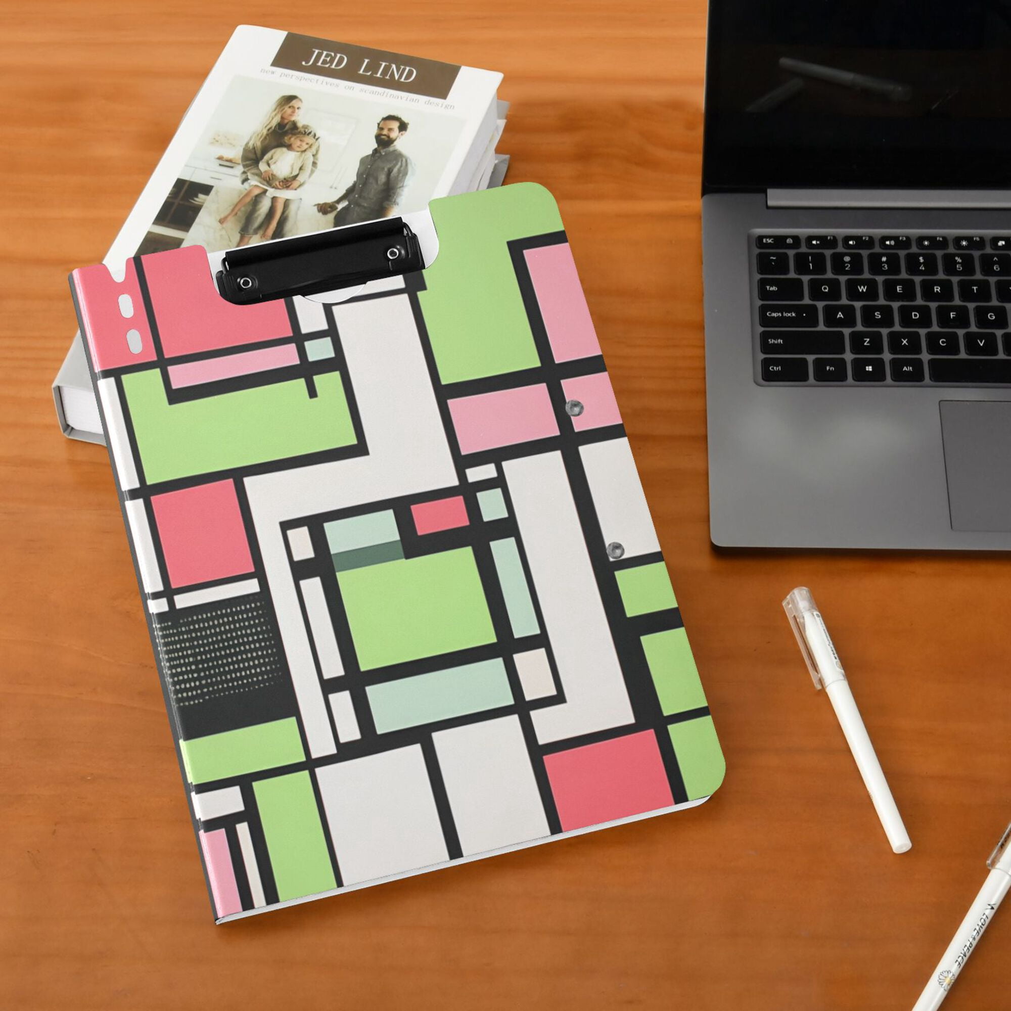 FORMRS A4 Clipboard Folder with Pen Holder Horizontal Foldable School Office Binder, Green Abstract Geometric