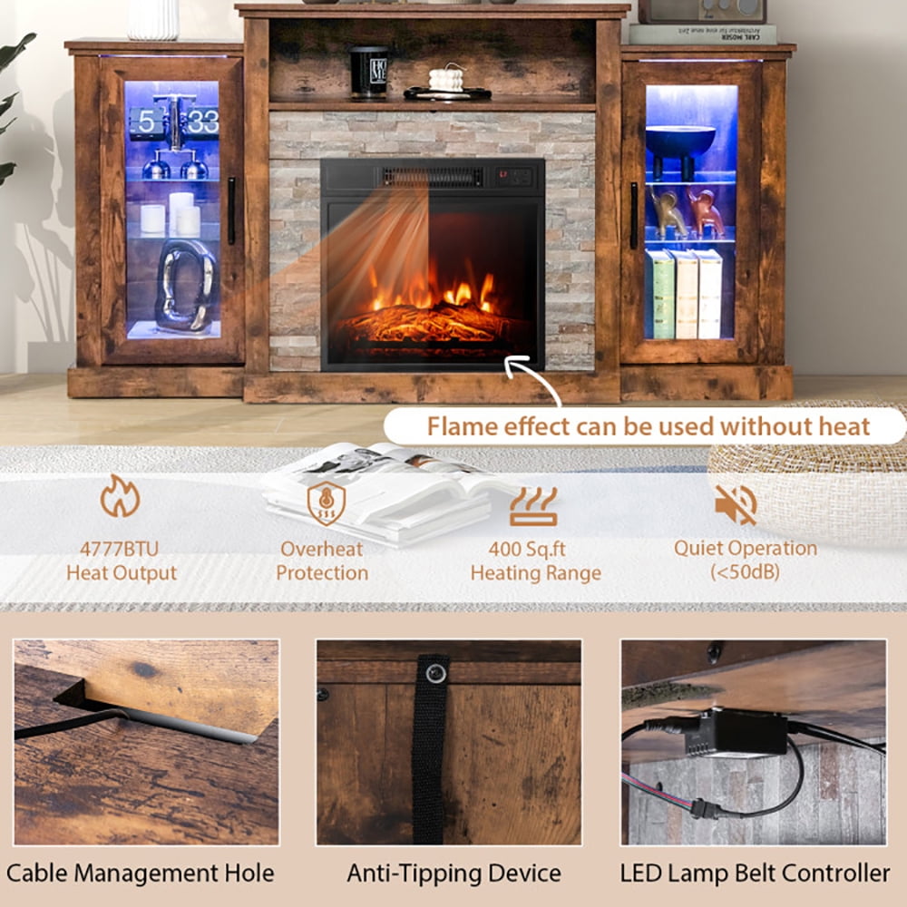 Finihen TV Stand, TV Cabinet, Fireplace TV Stand with 16-Color Led Lights for TVs up to 65 Inch, for Living Room, Bedroom, Brown