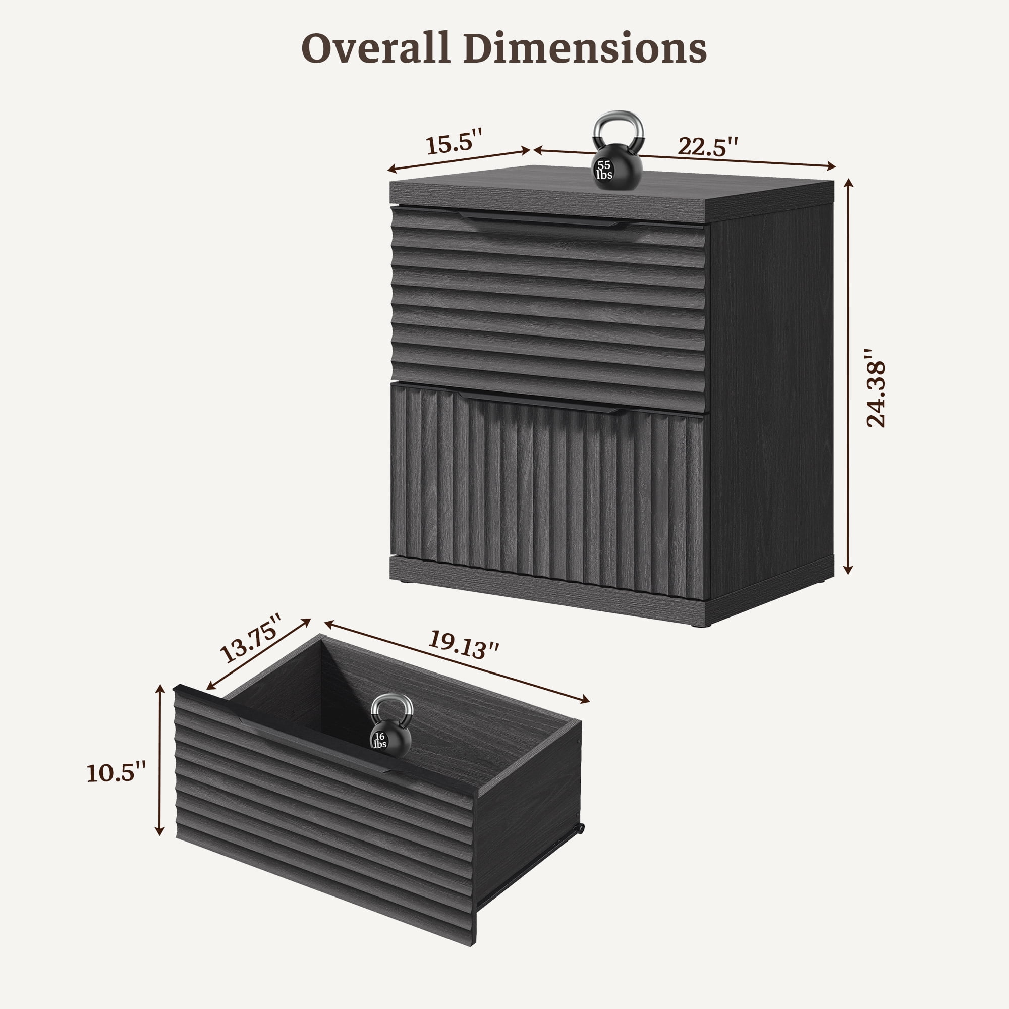 SICOTAS Fluted 2 Drawer Nightstands for Bedroom, Modern Wooden Bedside Tables with Drawers & Black Handles, Black