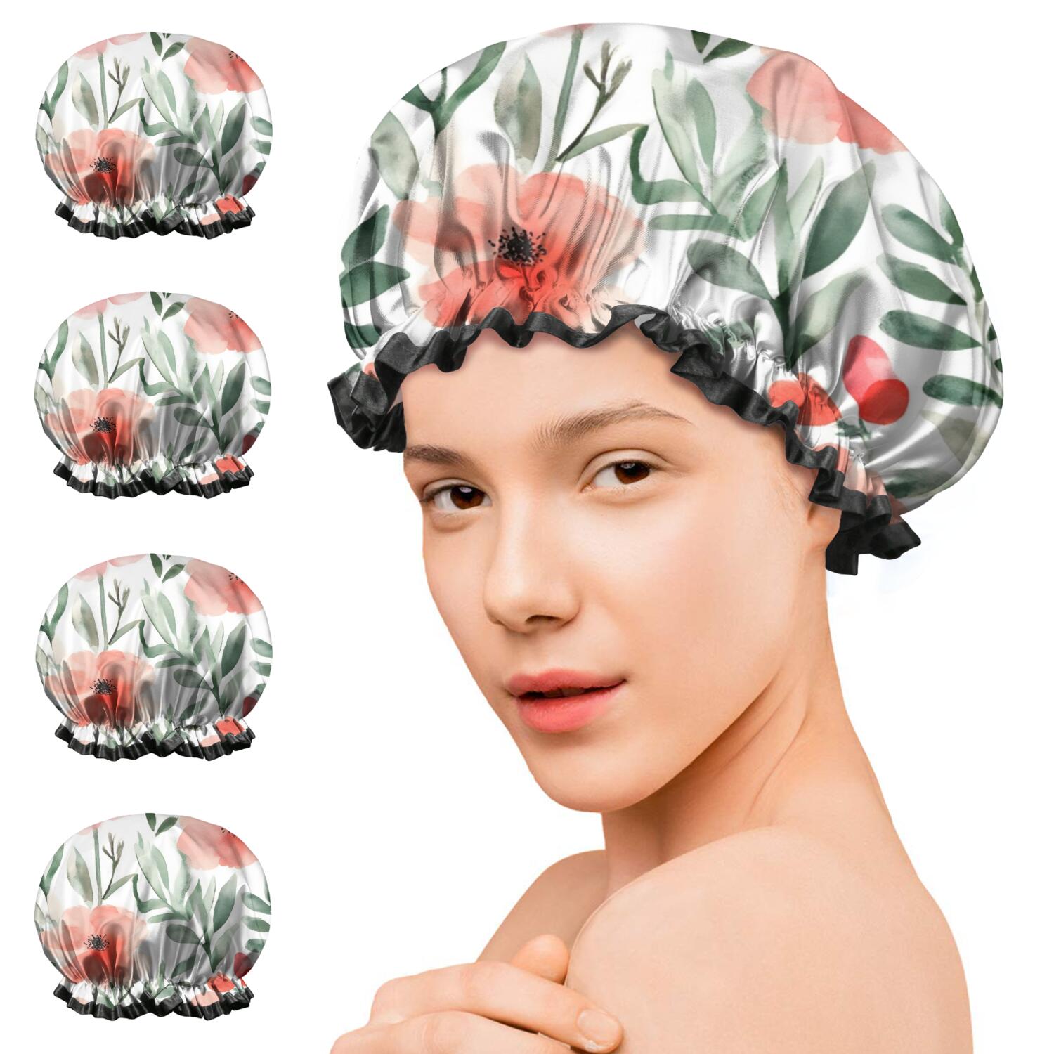 Shower Caps,Pioneer Flower Floral Print Pattern Waterproof Shower Cap for Women 4 Pieces,Double Reusable Hair Cover for Shower PEVA Elastic Stretch Hem