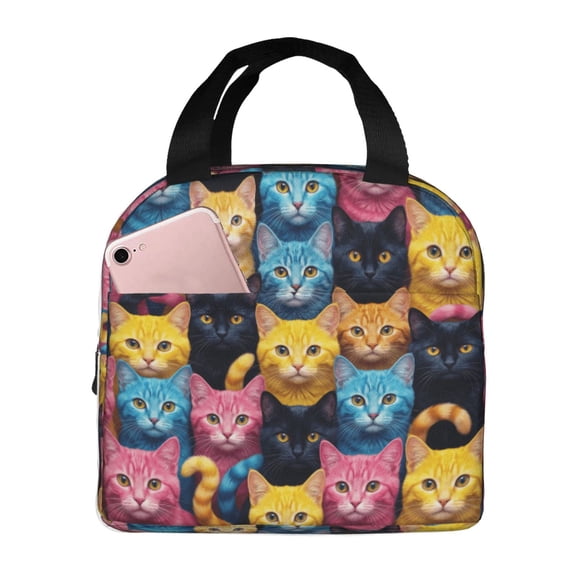 Cute Cat Lunch Bag,Cats Reusable Lunch Box Front Pocket Zipper Closure Leakproof Insulated Cooler Tote Bag Food Container Cartoon LunchBox For Men Women Work Travel Picnic