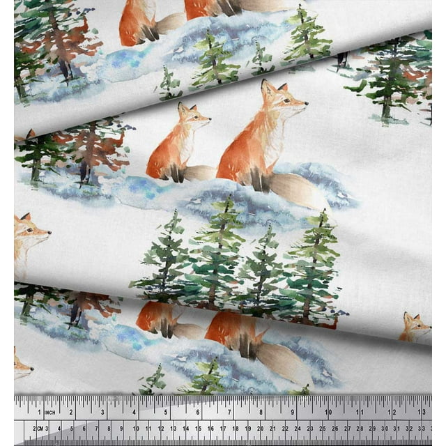 Soimoi White Modal Satin Fabric Fox & Pine Tree Print Fabric by the Yard 42 Inch Wide