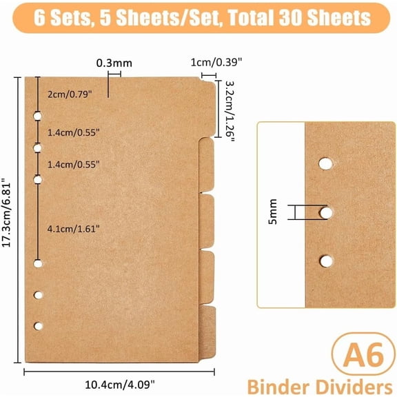 30 Sheets 5-Tab Binder Dividers A6 Kraft Paper 6-Hole Binder Dividers 6.8x4.09inch A6 Notebook Index Dividers with Tabs Burlywood 6 Holes Ring Index Page