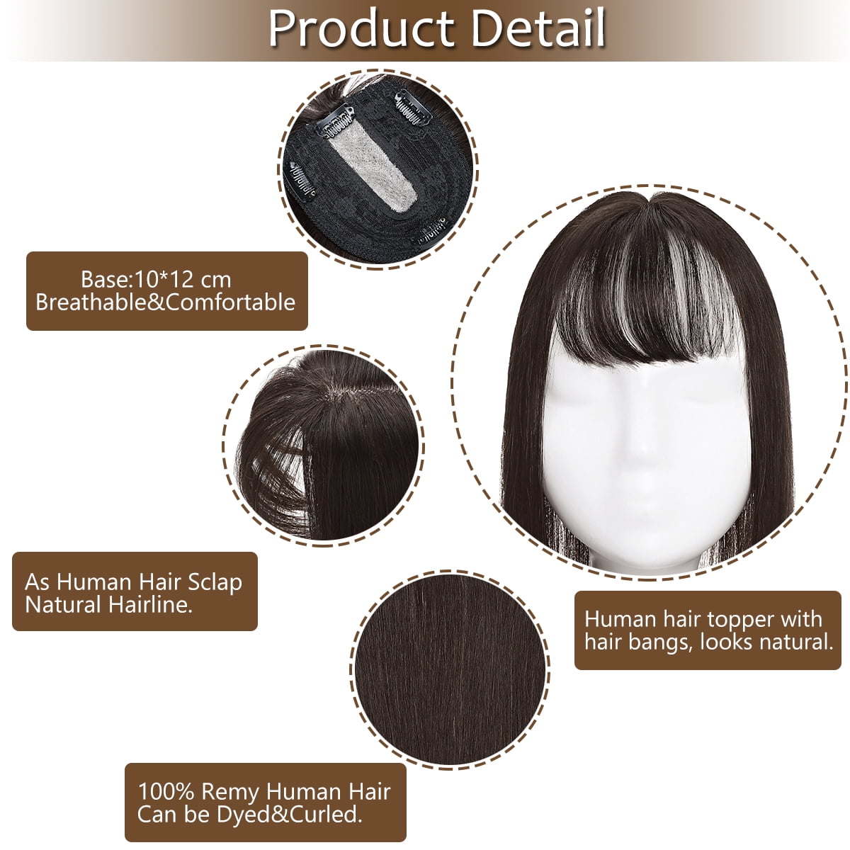 SEGO Clip in Hair Extensions Human Hair Toppers with Bangs 100% Real Human Hair Topper for Thinning/Loss Hair Natural Black Hair Pieces