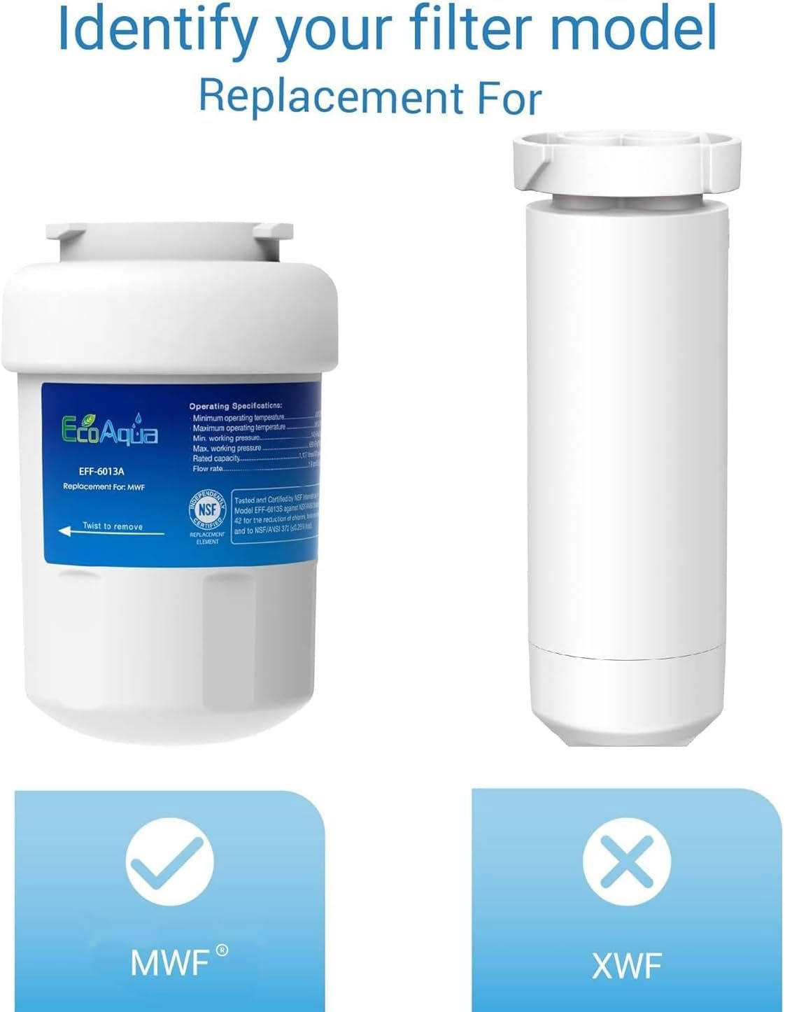 EcoAqua EFF-6013A Replacement Filter, Compatible with GE MWF SmartWater, MWFA, MWFP, GWF, GWFA, 46-9991, HDX FMG-1, WFC1201, GSE25GSHECSS, PC75009, RWF1060 Refrigerator Water Filter, 3 Pack