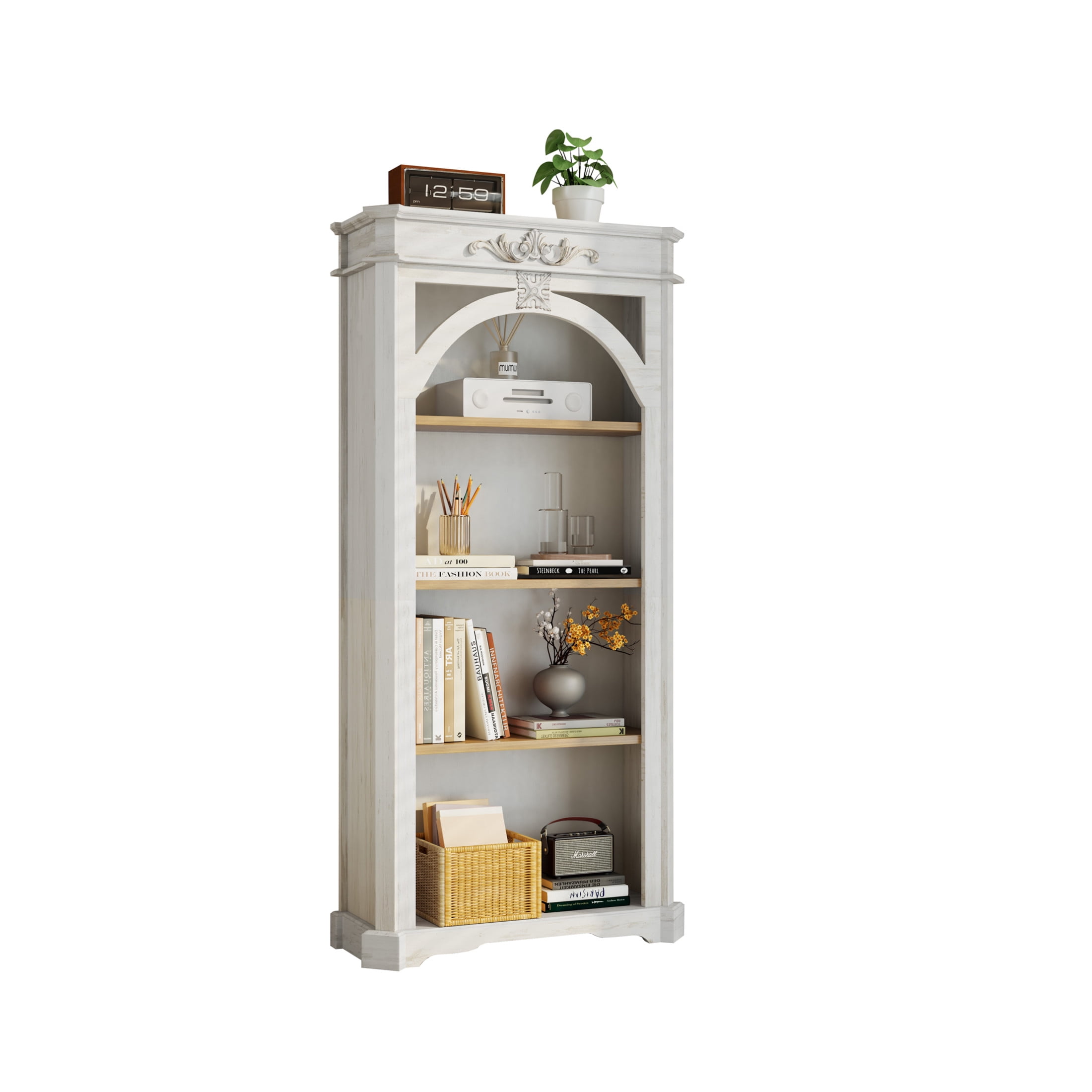 Noble House 65" Antique 4-Tier Bookcase, Tall Open Display Shelf for Home Office, Living Room, White