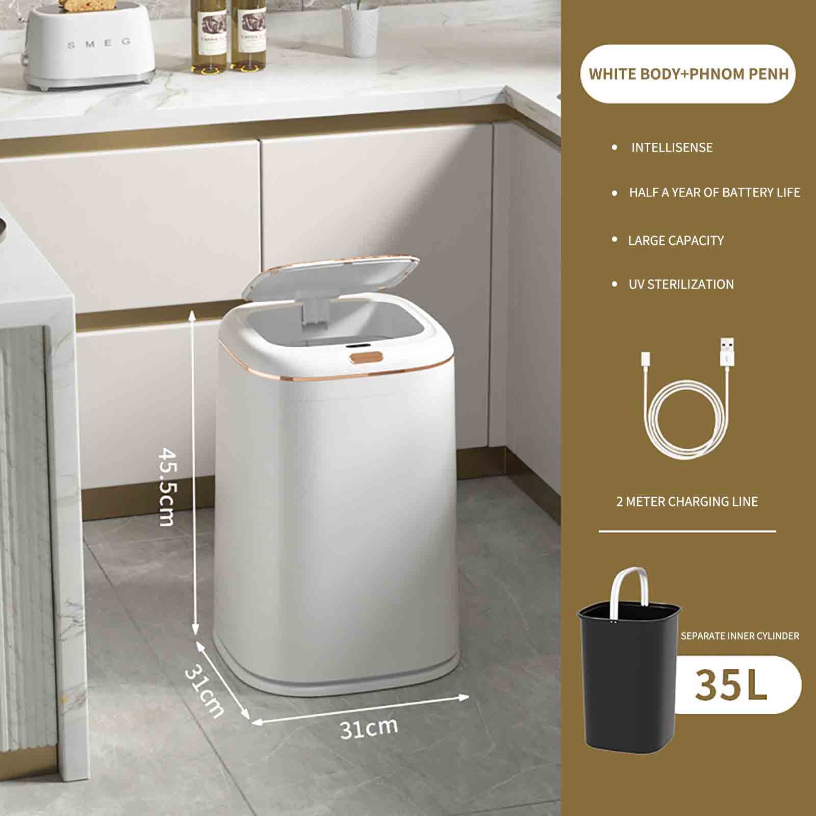 PHIGZNT Bathroom Trash Can with Lid, 9 Gallon Automatic Touchless Garbage Can, Smart Motion Sensor Small Trash Can, Slim Plastic Trash Bin for Bedroom, Office, Living Room, Kitchen White One Size