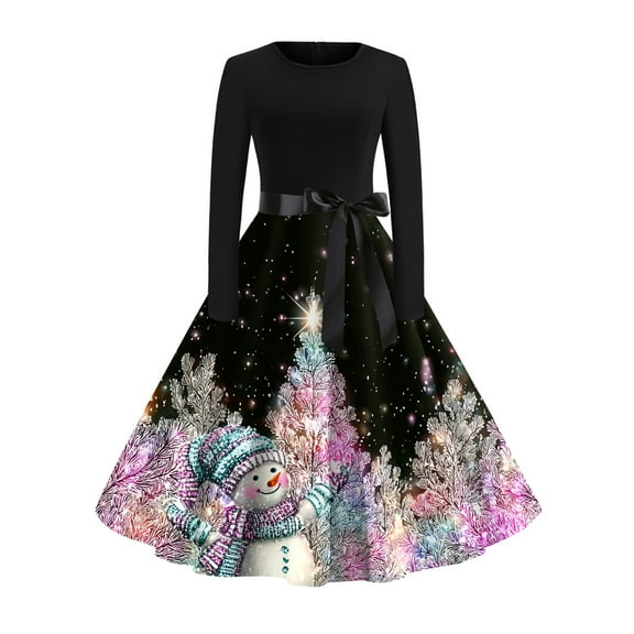 Women's Fashionable and Elegant Autumn and Winter Long-sleeved Round Neck Christmas Print Dress for Holiday Parties and Casual Wear, Stylish Women's Seasonal Dress,Pink,L