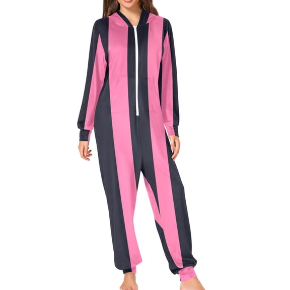 Pinkish Black Wide Stripes Adult's Hoodie Onesie Jumpsuit One-Piece Pajamas with Zipper Unisex for Holiday S