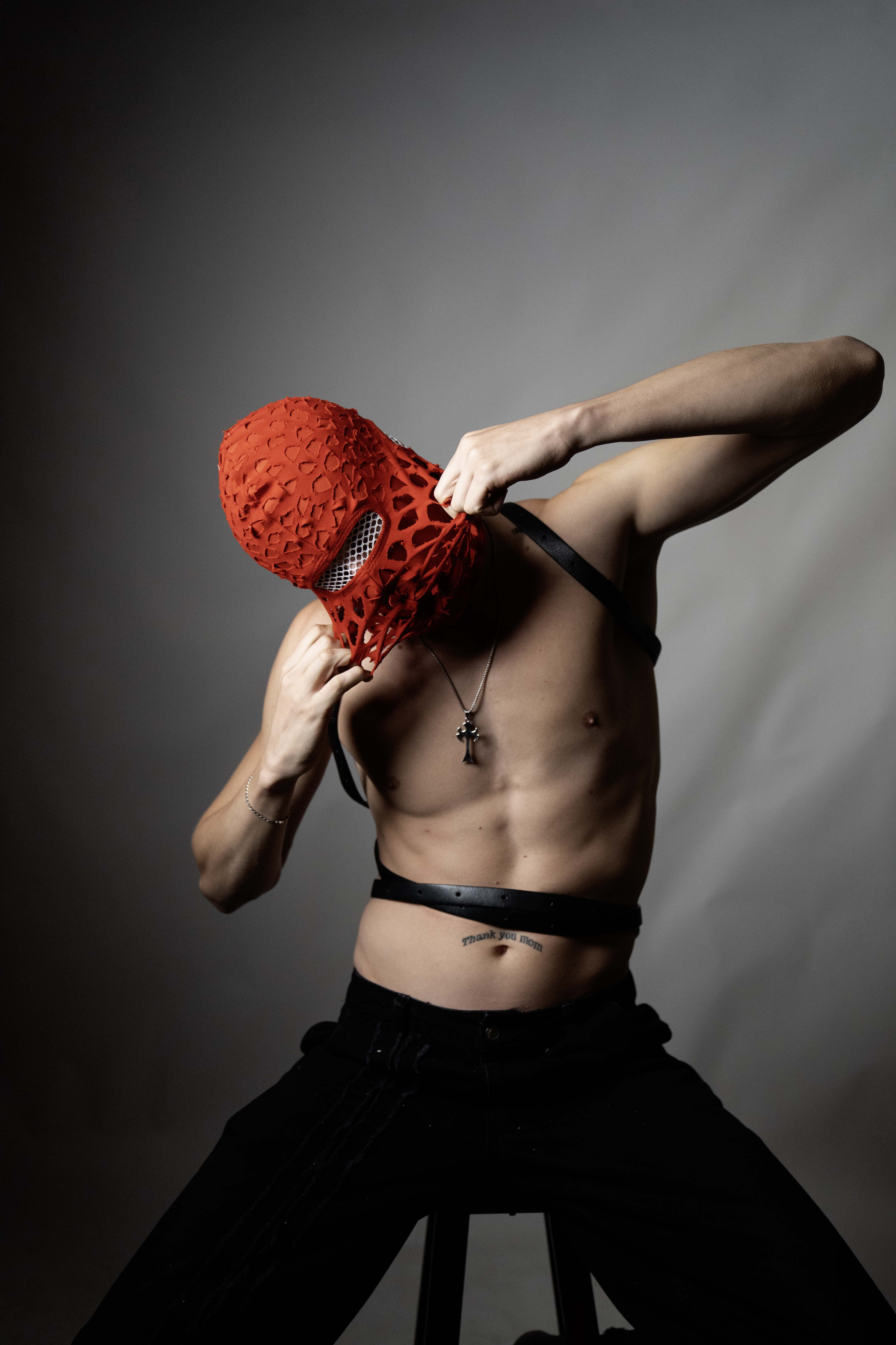 Handmade balaclava ski mask, tatty and shabby, ragged tattered design Fragmented cotton unisex for all ages winter cold indoor and outdoor