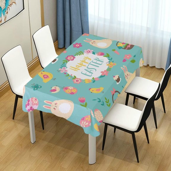 SKYSONIC Easter Bunny Flowers Rectangle Tablecloth Spill-Proof Polyester Table Cloth Table Cover for Kitchen Dining Picnic Holiday Party Decoration,60x120 Inch