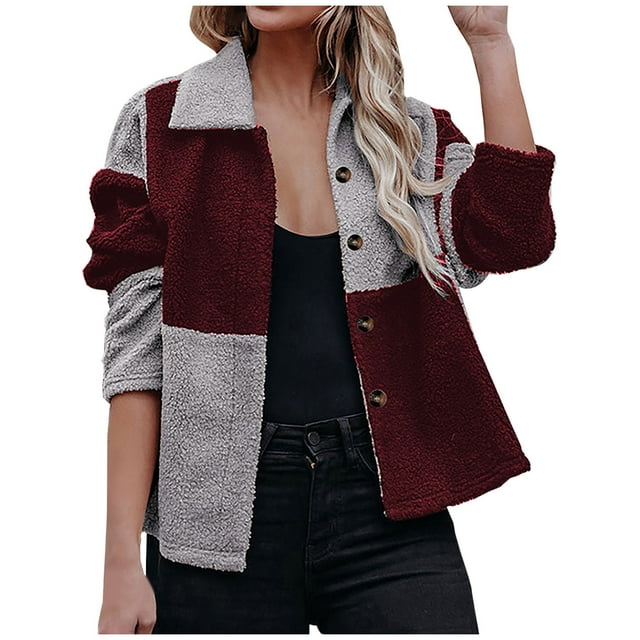 IROINID Veste Courte en Shearling pour Femmes Col Rabattu Contraste Couleur Manches Longues Manteau Décontracté Chaud Veste d'Hiver à Boutons Patchwork, Gris