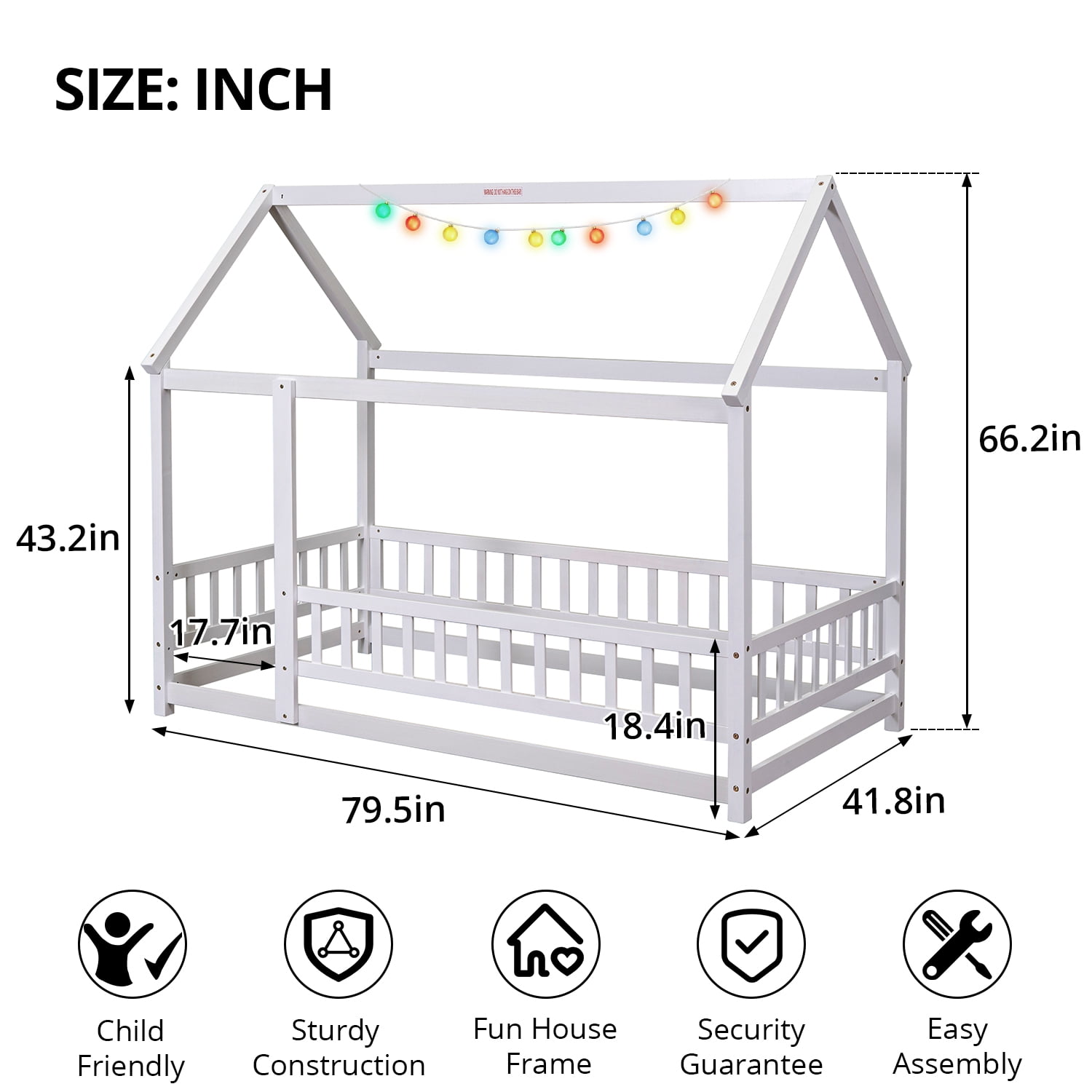 Twin SizeHouse Floor Bed with Roof, Wooden Floor Bed Frame with Door Frame and Safety Fence, Montessori House Floor Bed for Boys and Girls, White
