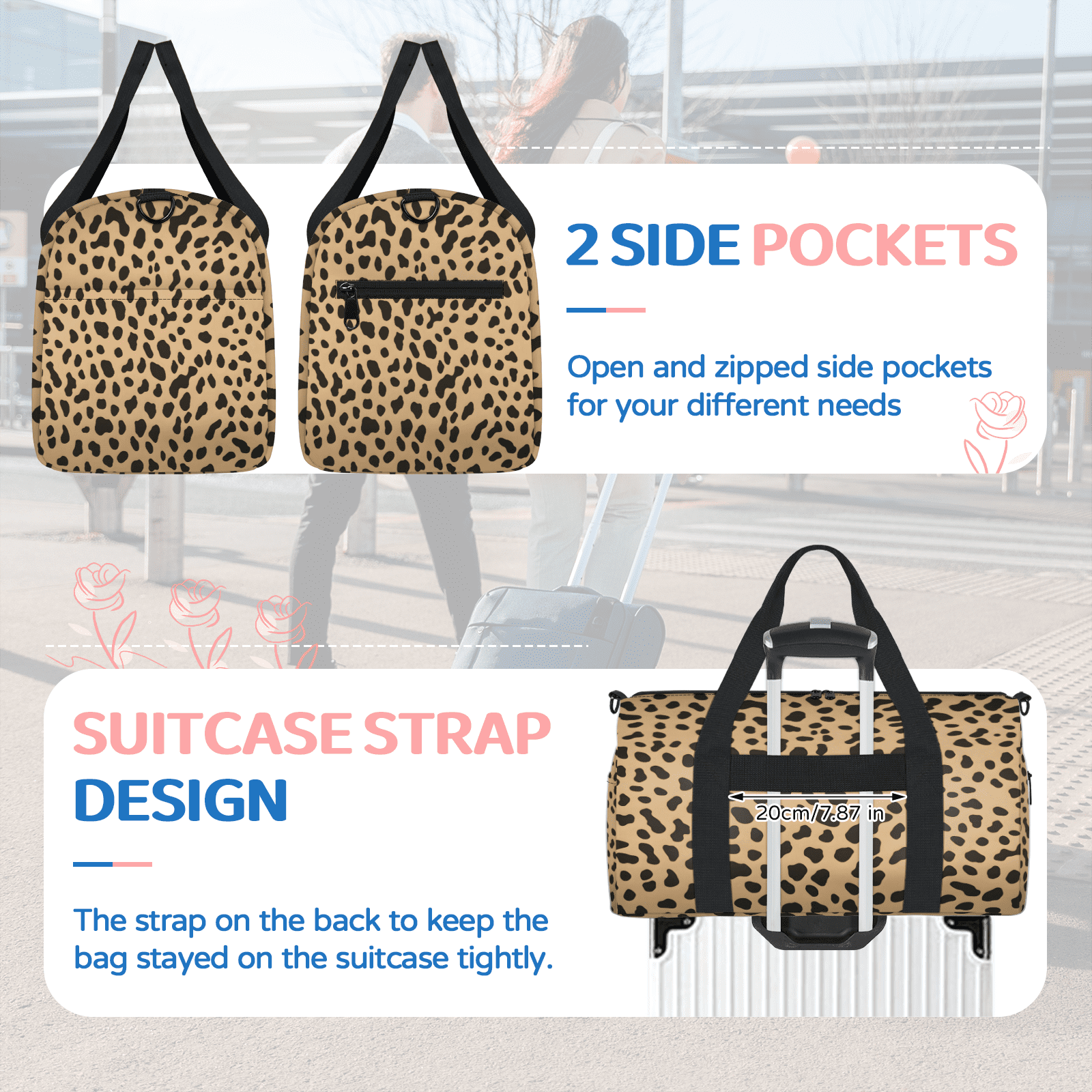 Herdesigns Leopard Gym Bag for Women, Duffle Bag for Travel Sport, Lightweight Waterproof Carry on Weekender Overnight Dance Yoga Workout Bags
