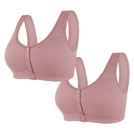REORIAFEE Full Support Bras for Women 2PC Front Closure Gathered Together No Wire Bras Striped Brassiere Breathable Wide Strap Comfy Corset Underwear Classic Lingerie Pink XXXXXL50/115