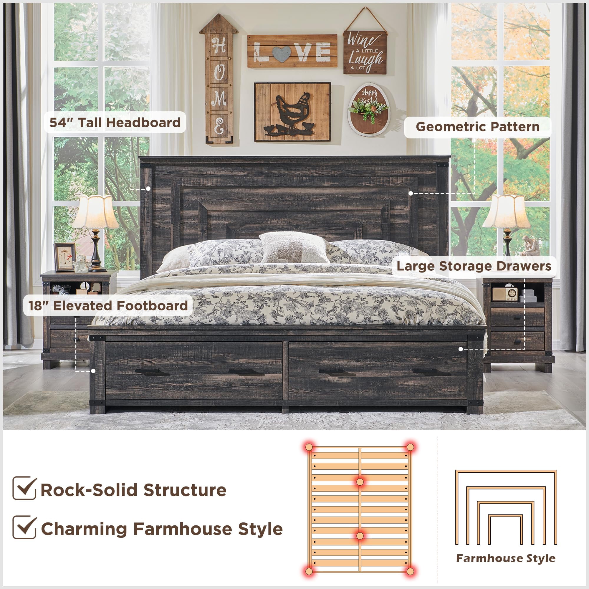 OKD Queen Size Bed Frame W/ 54" Tall Geometric Headboard, Farmhouse Wood Platform Bed W/ 2 Large Storage Drawers, No Box Spring Needed, Dark Rustic Oak