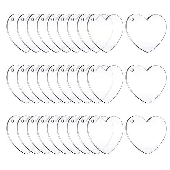 30/60Pieces Acrylic Heart Keychain Blanks Acrylic Heart Ornaments with Hole for Engraving DIY Projects Art Crafts Supply
