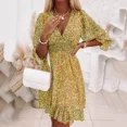 thumbnail image 3 of Gran oferta de la temporada, minivestido bohemio con estampado Floral, manga corta, cintura superior, bandolera ceñida, fibra de poliéster, cuello en V, 3 of 5
