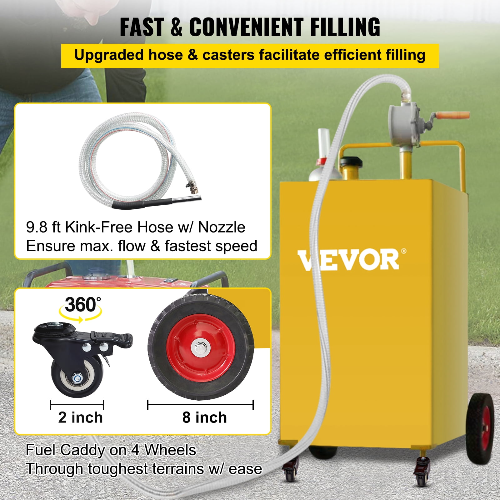 SKYSHALO 35 Gallon Gas Caddy, Fuel Storage Tank with 4 Wheels, Portable Fuel Caddy with Manuel Transfer Pump, Gasoline Diesel Fuel Container for Cars, Lawn Mowers, ATVs, Boats, More, Yellow