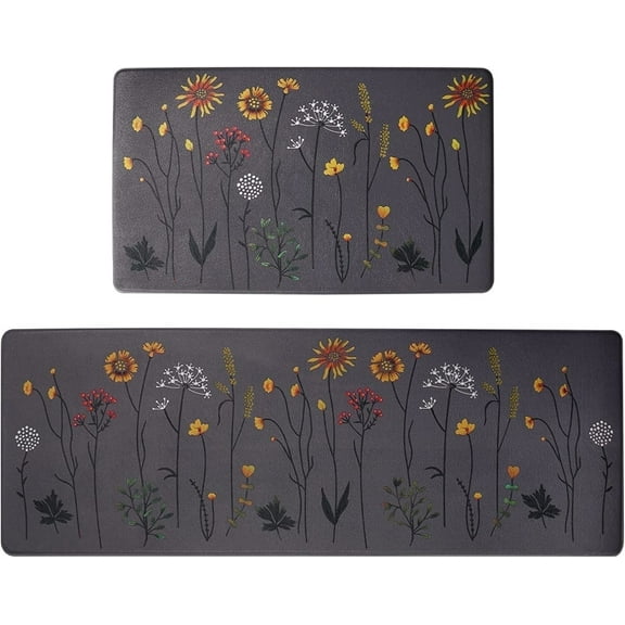 2 Pack Kitchen Mats for Floor, Non Slip Cushioned Anti Fatigue Mats for Sink and Office ， 17" x 47"   17" x 29, Colorful Flower