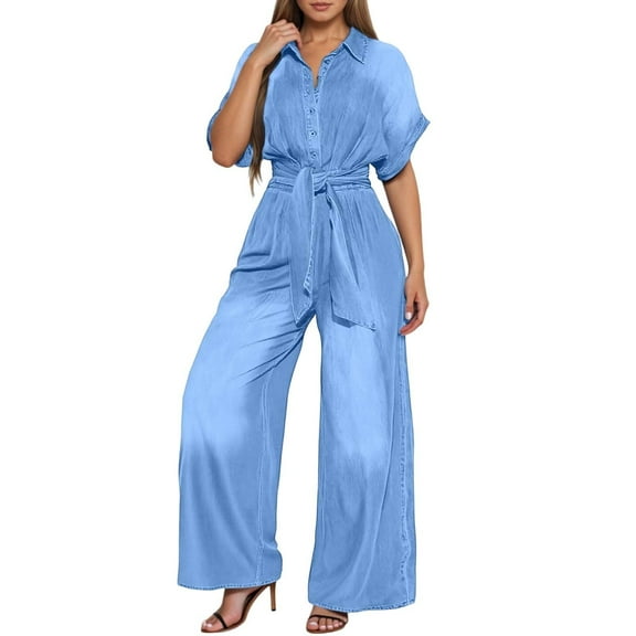 sususu Womens Jumpsuit V Neck Denim Fabric Belted High Waist Playsuit Casual One Piece Outfits Wide Leg Romper with Pockets ,BU2,XXL