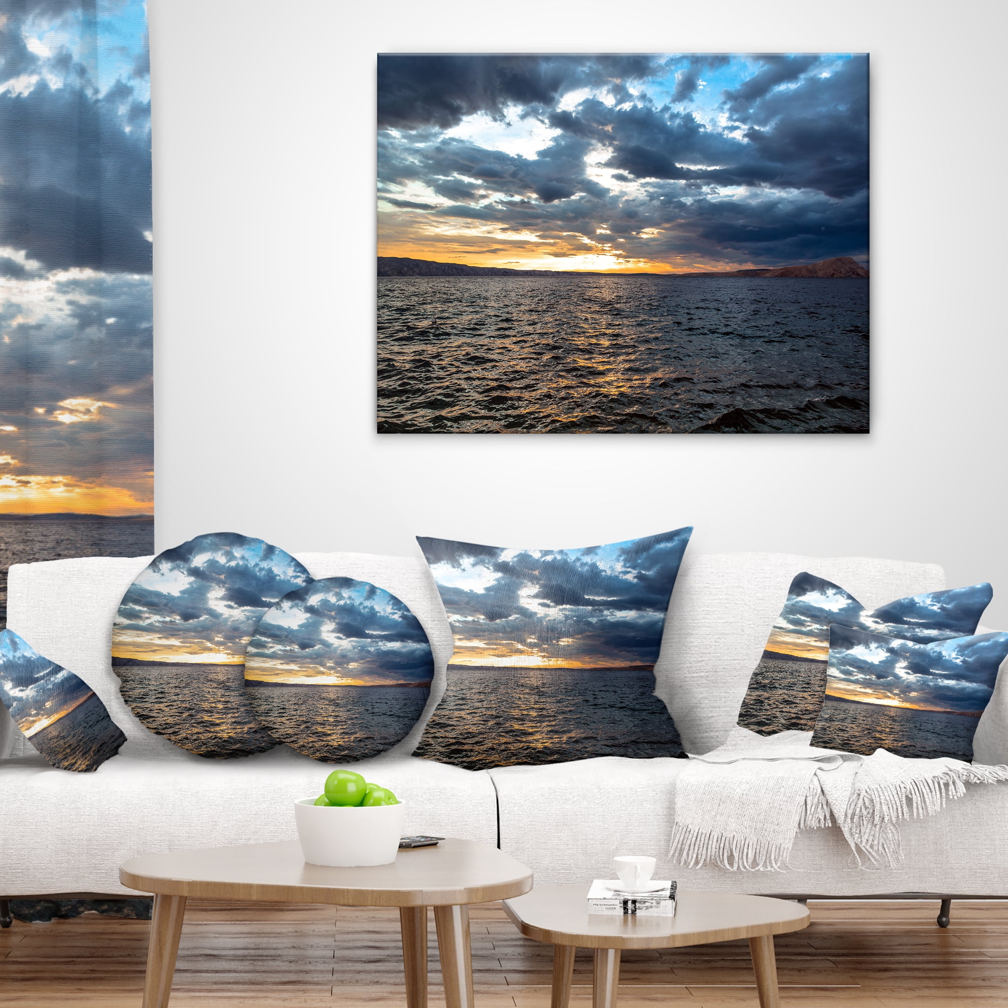 Designart Beautiful Seascape under Cloudy Sky - Modern Seashore Throw Pillow - 18x18