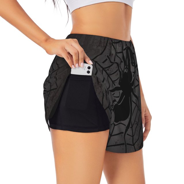 Balery Black Spider On Web 1 Pantalones cortos deportivos para mujer con forro y dos bolsillos, elásticos, para entrenamiento, gimnasio, yoga-Large