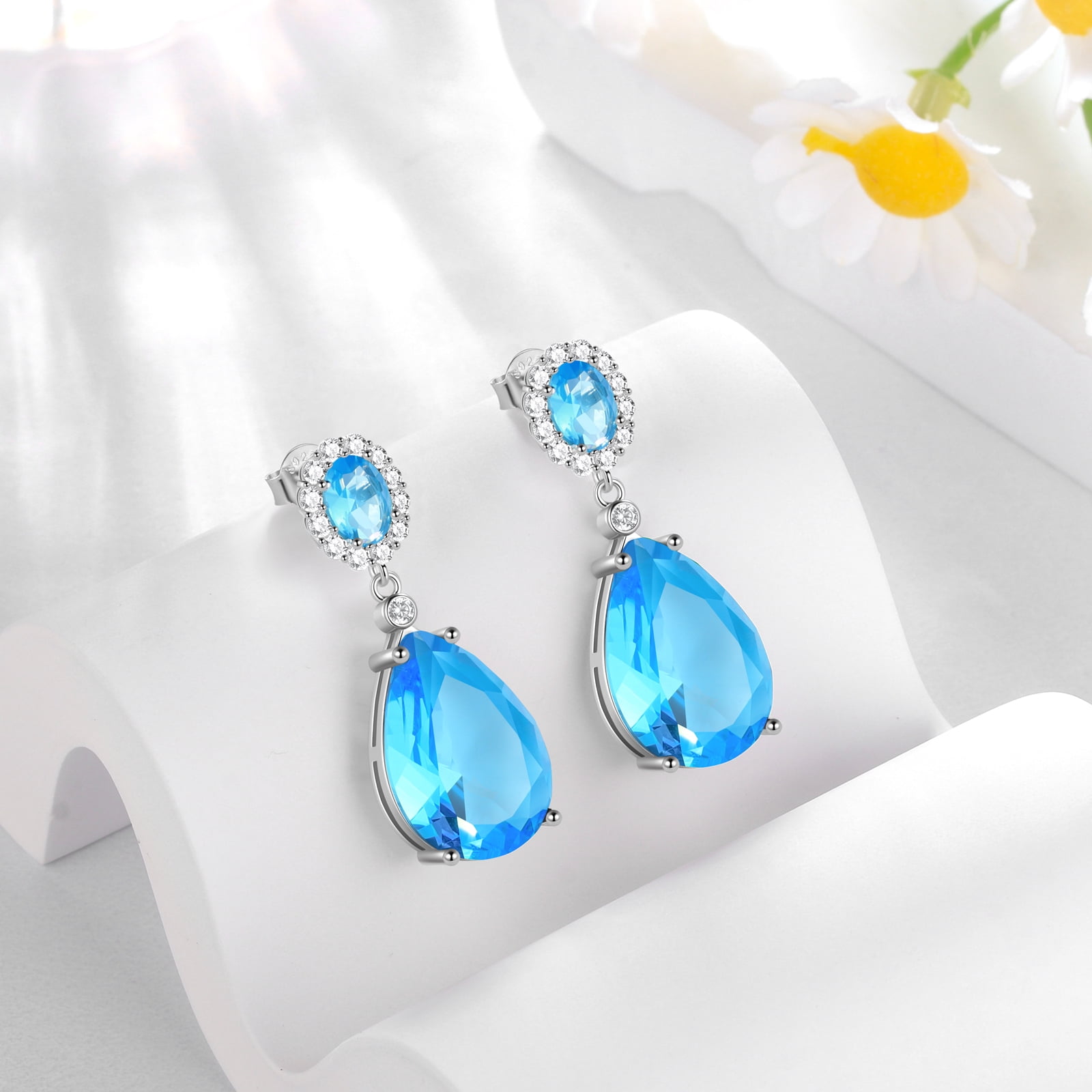 Juwaliy 10Ct Teardrop Dangle Earrings Women Blue Topaz March Birthstone Aquamarine Jewelry 925 Sterling Silver Birthday Mother's Day Gifts