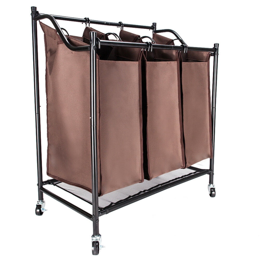 Zimtown Triple Laundry Sorter 3 Bags Basket Bar Hamper Bin Utility Cart Bathroom Brown
