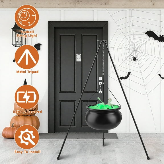 Moclever Halloween Large Witch Cauldron with 56.49” Tripod and Eyeball String Light Skeleton Halloween Outdoor Decoration, Black