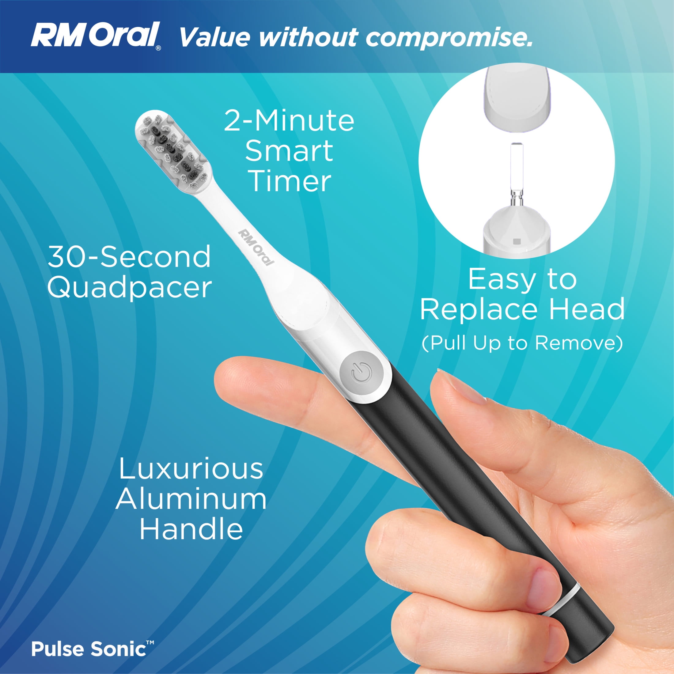 RM ORAL Pulse Sonic Powered Toothbrush, Metal Handle, Case, Soft - Black