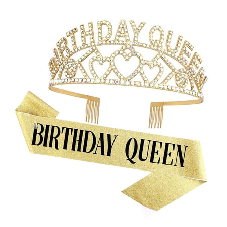 SKYSONIC Rose Birthday Queen Rhinestone Tiara and Sash - Birthday Glitter Decorations for Women (Multi Color Letter)