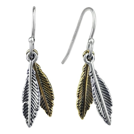 Brilliance Fine Jewelry Two-Tone Feather Earrings in Sterling Silver and 14KT Gold Flash