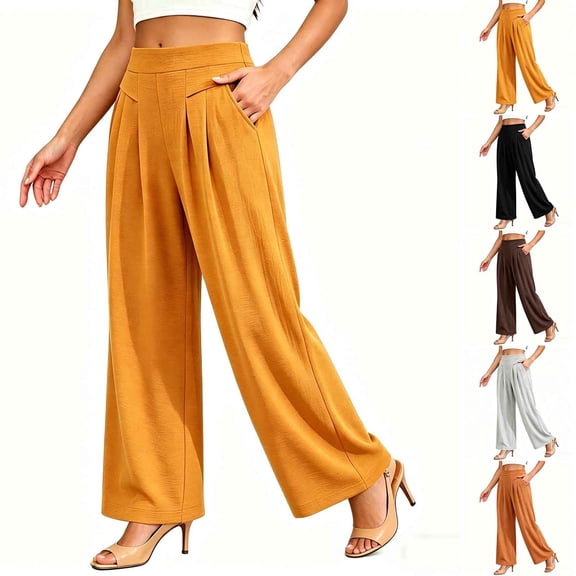 Women's Culottes Cropped Solid Color Wide Leg Pants Elastic Waist Casual Palazzo Trousers with Pockets Yellow XL(XL)