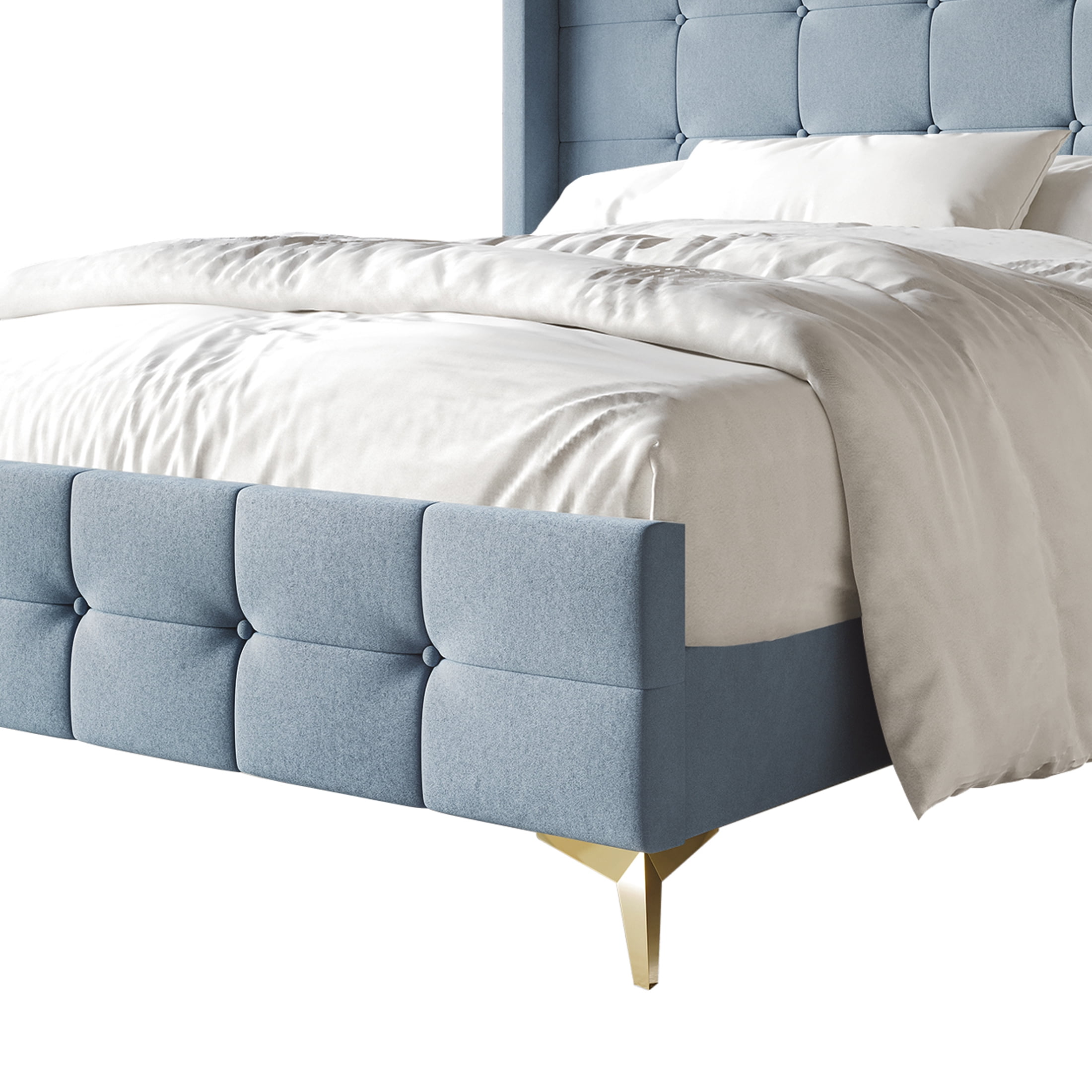 Castle Place Luxury Glam Queen Size Velvet Upholstered Bed, Light Blue