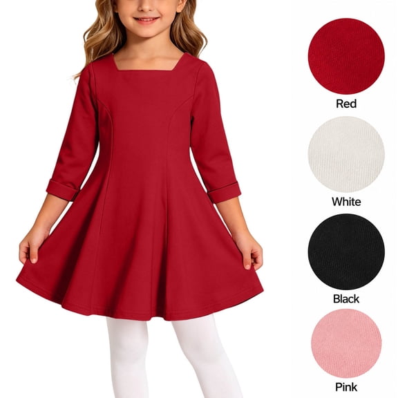XRoczxe Girls Square Neck Dress, Long Sleeve A-Line Swing Dress, Soft Cotton Blend Casual Party School Uniform Tunic for Kids