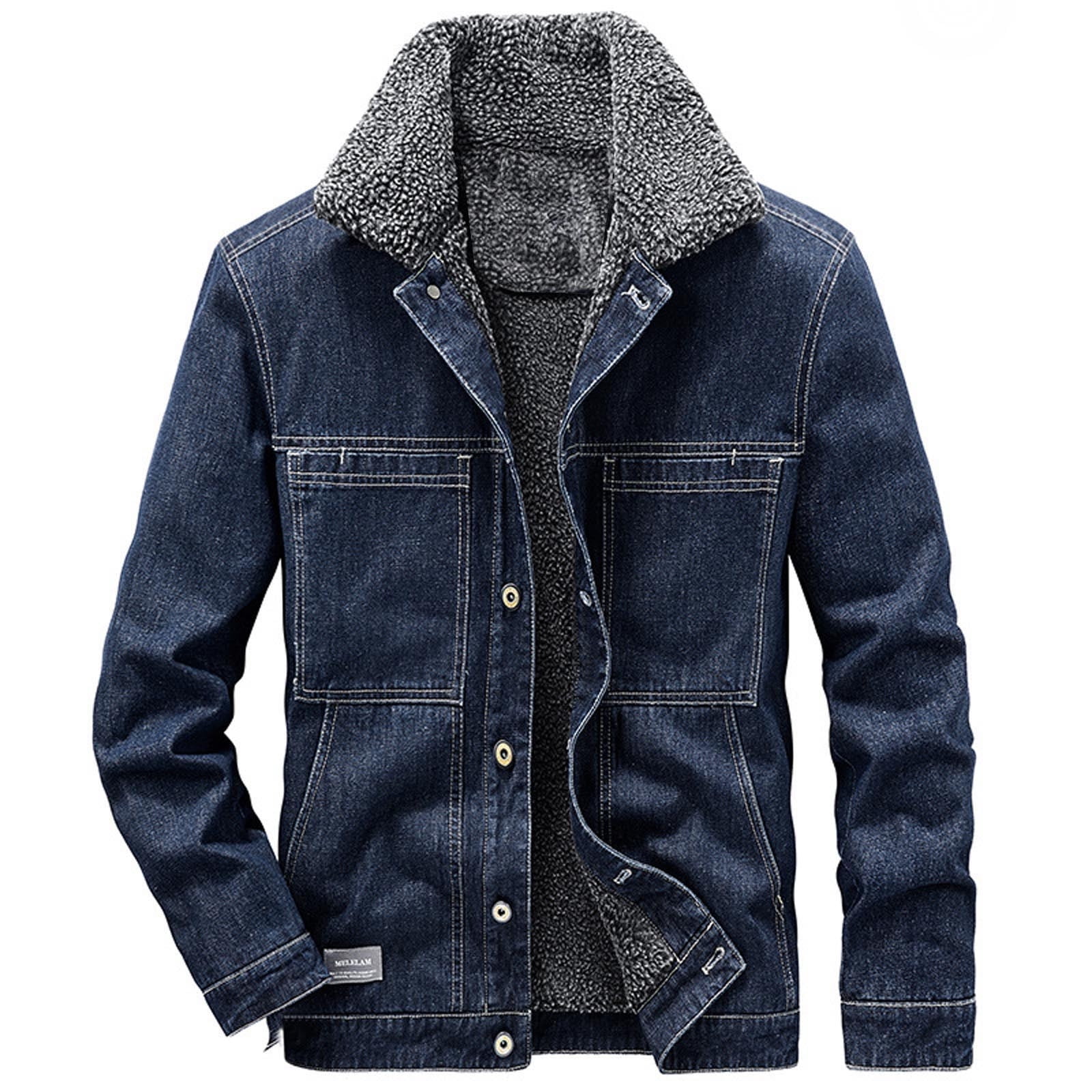 Yzhm Men s Denim Jackets With Fleece Lined Pockets Winter Coats Lapel Casual Warm Jean Sherpa Trucker Jacket Outwear Blue