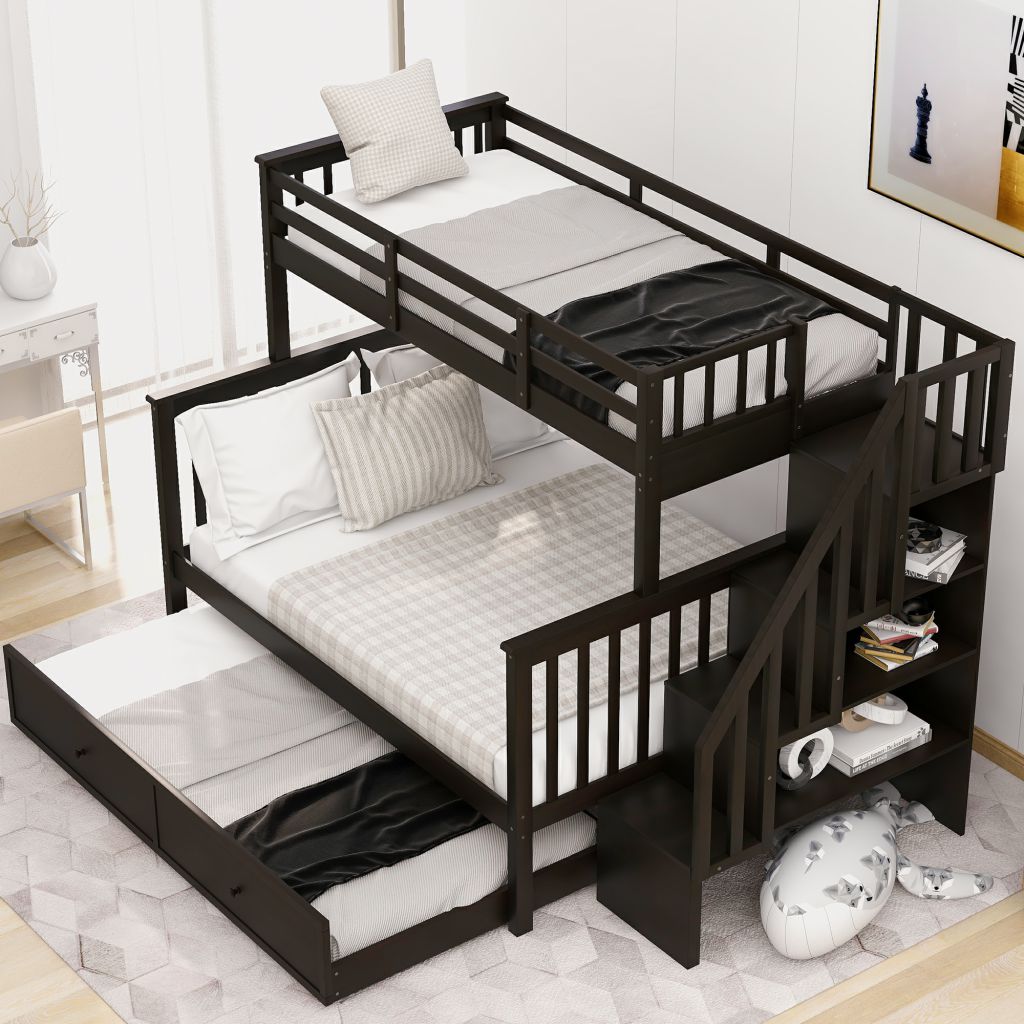 Stairway Bunk Bed Twin Over Full with Twin Trundle, Stairs, Storage and Guard Rail for Bedroom, Dorm, Solid Wood Twin-Over-Full bed, Saving Space, Espresso - image 4 of 7