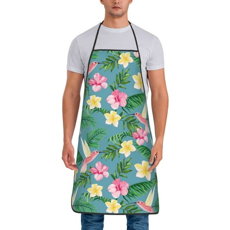 

Aprons for Men Women - Pink Yellow Flower Hummingbird Cooking Kitchen Apron Chef Apron Waterproof Apron for Painting Pottery Baking BBQ Gardening Salon Gift For women Men