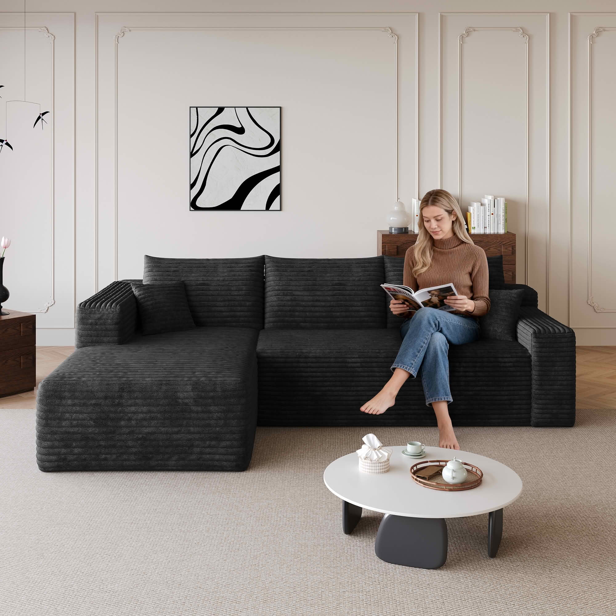 MAYEERTY 96 Inch Cloud L Shaped Sectional Sofa, Plush Corduroy Deep Seat Corner Couch, No Assembly Modern Minimalist Sofa for Living Room Apartment
