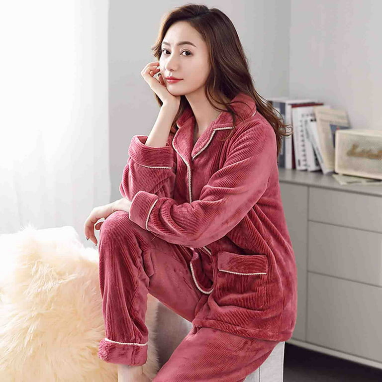 Women's Fleece Pajama Set Long Sleeve with Long Pants Pjs Set Button  Pockets Warm Sleepwear Lounge Thermal Pjs Nightwear Loungewear