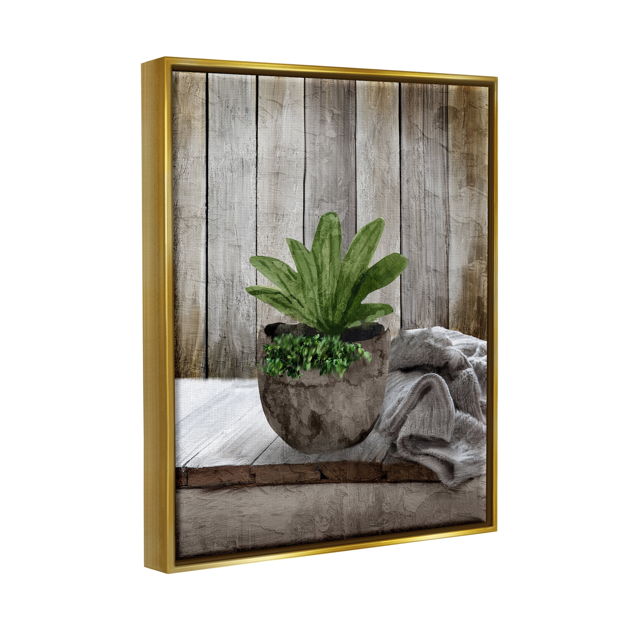 Stupell Industries Cozy Rustic Potted Plant Botanical & Floral Painting Gold Floater Framed Canvas Art Print Wall Art, 17 x 21
